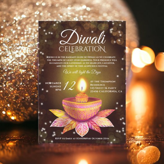 Goldbraune Diwali Lampen-Lichtbildskript Einladung