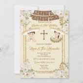 Goldbraune Taufe und Geburtstag Zwillingsfiesta Einladung (Vorderseite)