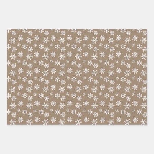 Goldbraune, weiße niedliche Schneeflocken Geschenkpapier Set (Vorderseite)