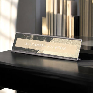 Goldbrauner Glitzer Foil and Black Marmor Schreibtischnamensplakette