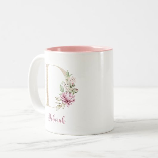 Goldbrief D, Monogramm D, rosa Blumengeschenk ihr Zweifarbige Tasse (Vorderseite Links)