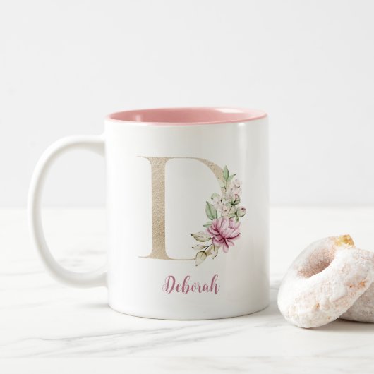 Goldbrief D, Monogramm D, rosa Blumengeschenk ihr Zweifarbige Tasse (Mit Donut)
