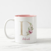 Goldbrief D, Monogramm D, rosa Blumengeschenk ihr Zweifarbige Tasse (Links)