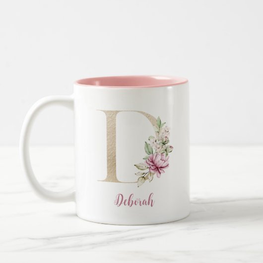 Goldbrief D, Monogramm D, rosa Blumengeschenk ihr Zweifarbige Tasse (Links)
