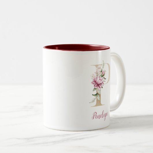 Goldbrief P, Monogramm P, rosa Blumengeschenk ihr Zweifarbige Tasse (VorderseiteRechts)