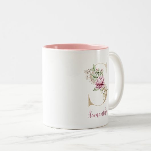 Goldbrief S, Monogramm S, rosa Blumengeschenk ihr Zweifarbige Tasse (VorderseiteRechts)