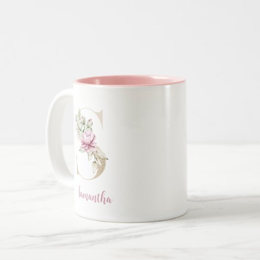 Goldbrief S, Monogramm S, rosa Blumengeschenk ihr Zweifarbige Tasse (Vorderseite Links)