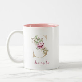 Goldbrief S, Monogramm S, rosa Blumengeschenk ihr Zweifarbige Tasse