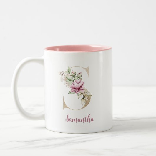 Goldbrief S, Monogramm S, rosa Blumengeschenk ihr Zweifarbige Tasse (Links)