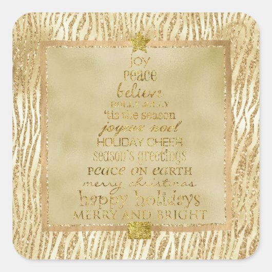 Goldbronze Glam Glitzer Zebra Weihnachtsbaum Quadratischer Aufkleber (Vorderseite)