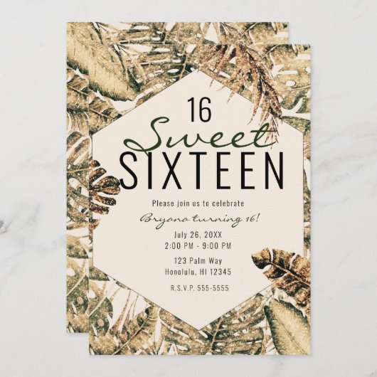 Goldbronze Glitzer Tropical Palm Blätter Süß 16 Einladung (Vorne/Hinten)