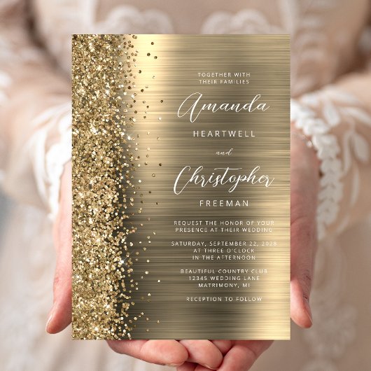 Goldbrushed Metal Glitter Script Hochzeit Einladung