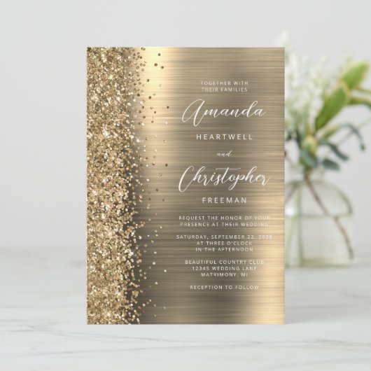 Goldbrushed Metal Glitter Script Hochzeit Einladung (Stehend Vorderseite)