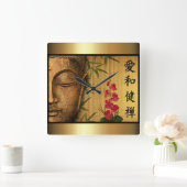 Goldbuddha-Grün-Blätter u. rote Blumen Quadratische Wanduhr (Zuhause)