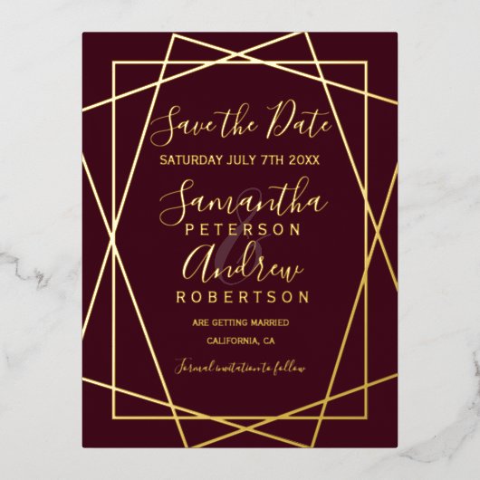 Goldburgunderschrift Save the Date Folie Einladungspostkarte (Vorderseite)