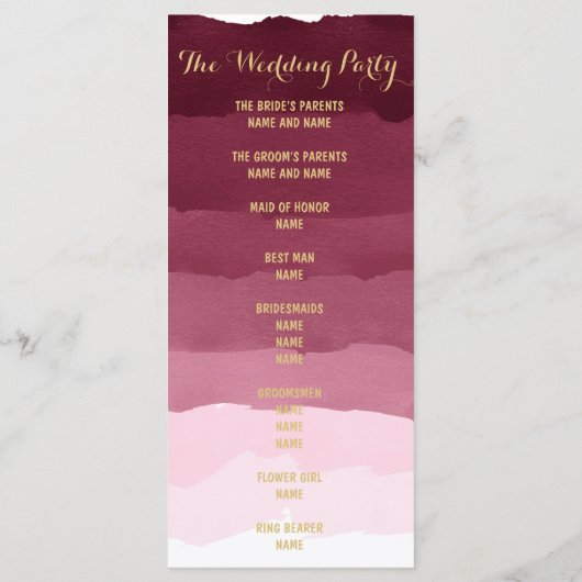 Goldburgundes Aquarellfarbenprogramm für Hochzeite Programm (Rückseite)