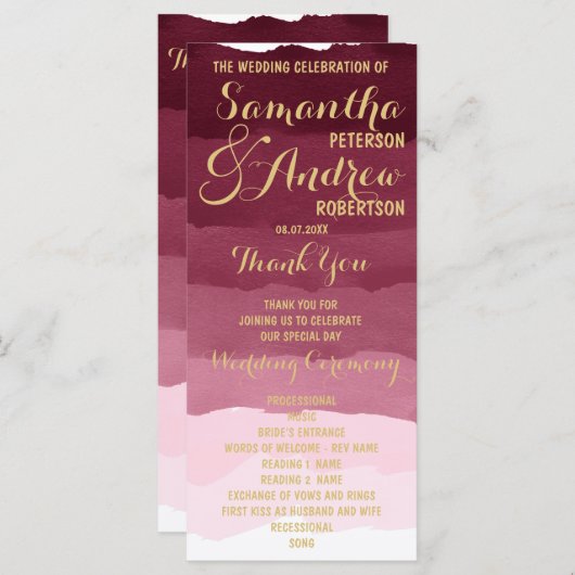 Goldburgundes Aquarellfarbenprogramm für Hochzeite Programm (Vorne/Hinten)