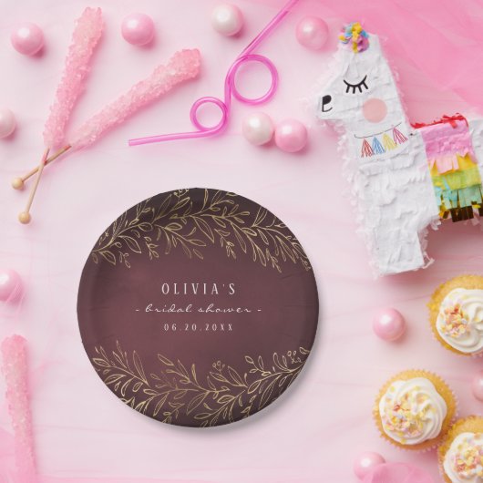 Goldburgundes botanisches Brautparty-Party Pappteller (Party)