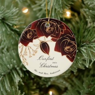 goldburgundische Rose unser erstes Weihnachtsfest- Keramik Ornament
