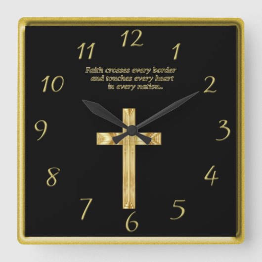 Goldchristliches Glaubenkreuz mit lustigem Quadratische Wanduhr (Vorderseite)