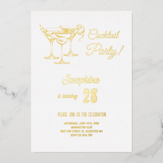 Goldcocktail Geburtstagsparty Folieneinladung (Vorderseite)