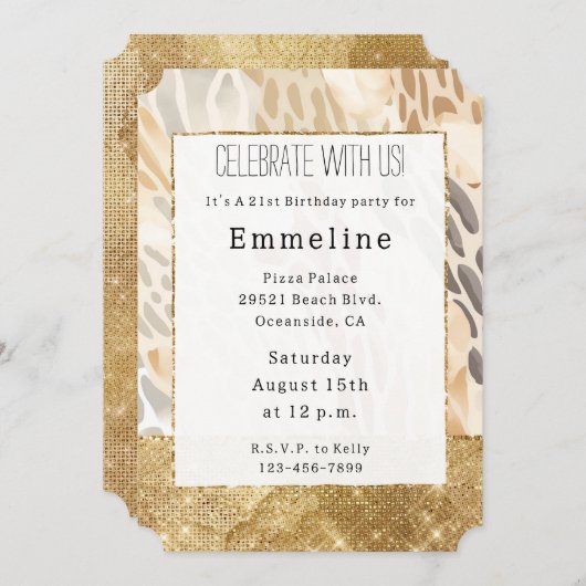 Goldcreme Elfenbeintiere Abstrakt Einladung (Vorne/Hinten)