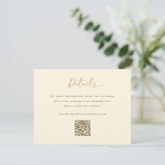 Goldcreme Hochzeit Moderne Handschrift Details QR Begleitkarte (Stehend Vorderseite)