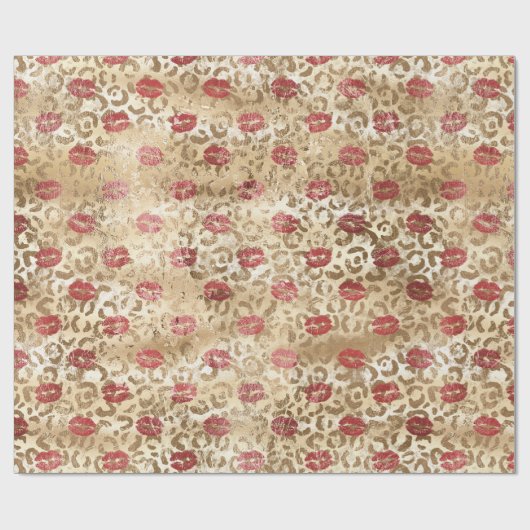 Goldcreme Leopard Red Lips Geschenkpapier (Flach)
