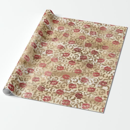 Goldcreme Leopard Red Lips Geschenkpapier (Ungerollt)
