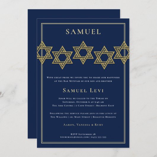 Golddavidsstern Bar Mitzvah Einladungs-| Einladung (Vorne/Hinten)