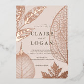 Golddelikate Blätter Rosa Beige Hochzeit Folieneinladung (Vorderseite)