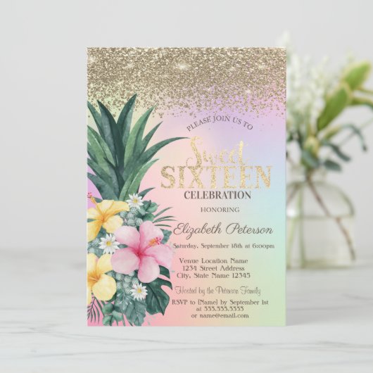 Golddiamanten, Ananas, Holografischer Süßstoff 16 Einladung (Stehend Vorderseite)