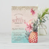 Golddiamanten,Hibiskus Ananas Beach Sweet 16 Einladung (Stehend Vorderseite)