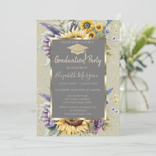 Golddiamanten Sonnenblumen Violett Blume Abschluss Einladung (Stehend Vorderseite)