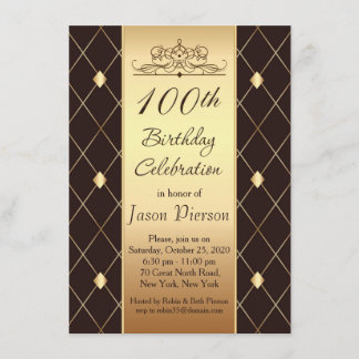 Golddiamantmuster auf Braun 100. Geburtstags-Party Einladung