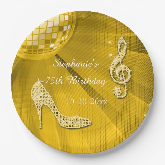 Golddisco-Ball und Heels-75. Geburtstag Pappteller (Vorderseite)
