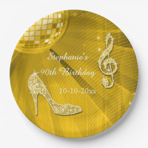 Golddisco-Ball und Heels-90. Geburtstag Pappteller
