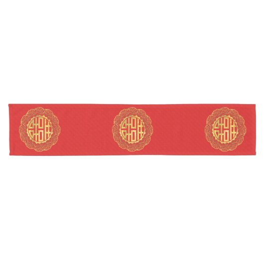 Golddoppeltes Glück-Symbol im Pfingstrosen-Rahmen Kurzer Tischläufer (Horizontal)