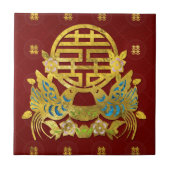 Golddoppeltes Glück-Symbol mit Vögeln Fliese (Vorderseite)