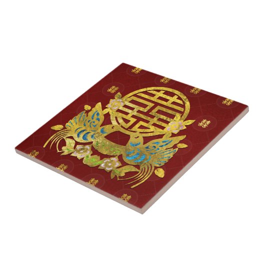 Golddoppeltes Glück-Symbol mit Vögeln Fliese (Seite)