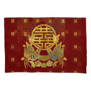 Golddoppeltes Glück-Symbol mit Vögeln Kissenbezug