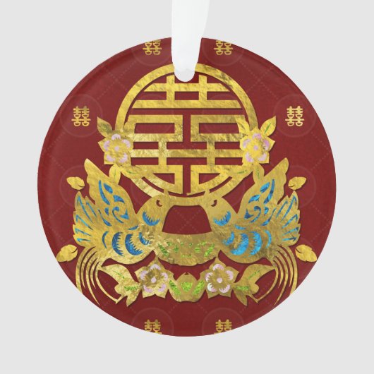 Golddoppeltes Glück-Symbol mit Vögeln Ornament (Vorderseite)