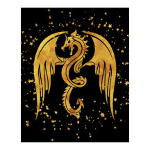 Golddrache im Sternenposter im schwarzen Hintergru