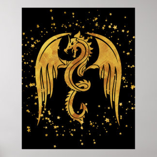Golddrache im Sternenposter im schwarzen Hintergru Poster
