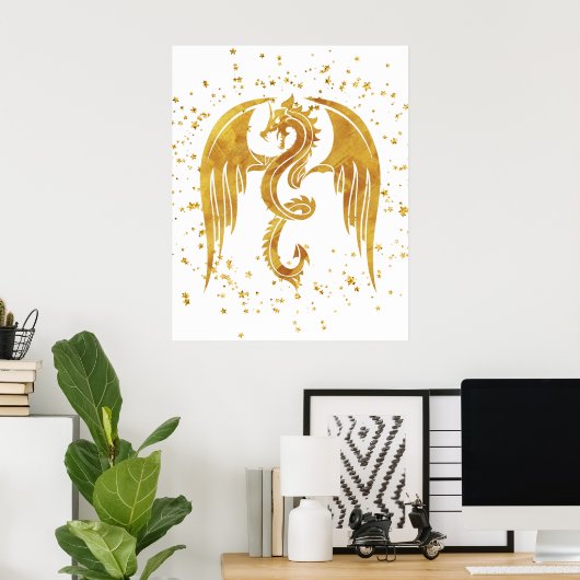 Golddrache im Sternenposter vor weißem Hintergrund Poster (Heimbüro)