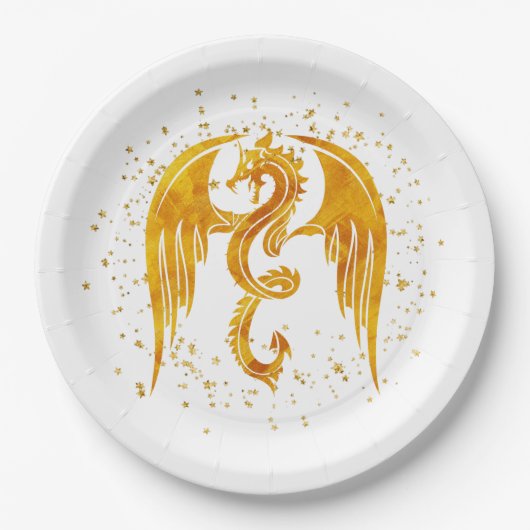 Golddrache in den Tellern des Sternenpapiers Pappteller (Vorderseite)