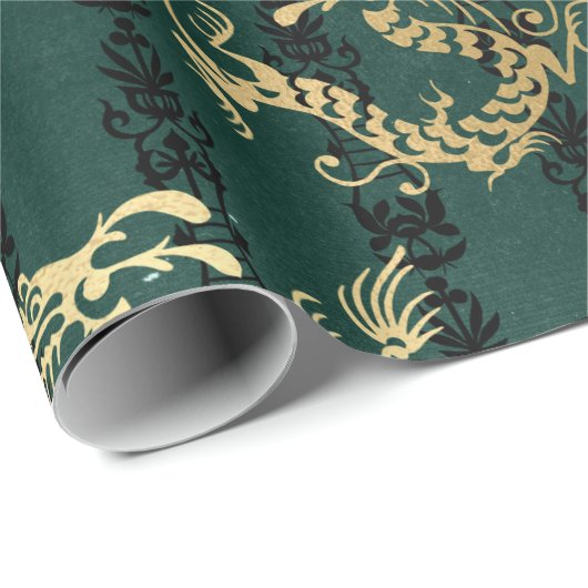 Golddrachen auf Grün Geschenkpapier (Rolleneckpunkt)