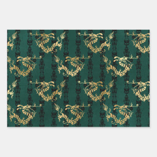 Golddrachen auf Grün Geschenkpapier Set
