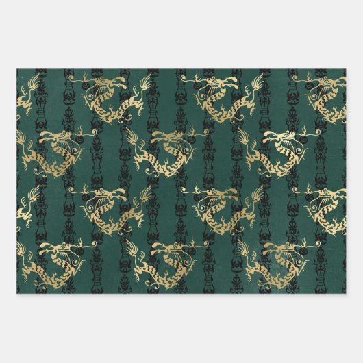 Golddrachen auf Grün Geschenkpapier Set (Vorderseite)