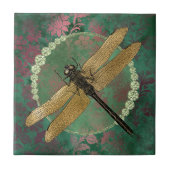 Golddrachenfliegen auf Grün mit Rhinestones Fliese (Vorderseite)